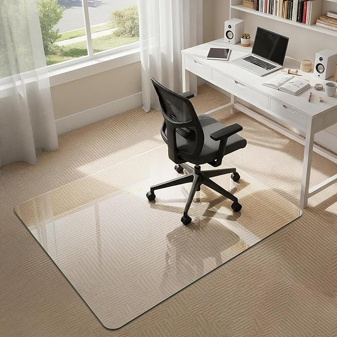 45"x55" Tempered Glass Office Chair Mat for Carpet & Hardwood Floor, 1/5" Thick Clear Floor Protector Desk Chair Mat with Rounded and Polished Edges
