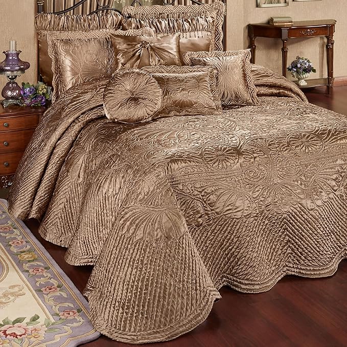 Touch of Class Portia Luxury Bedding | Rich Smoky Topaz | Premier Quilted Polyester Satin | Hand Guided Machine Quilted Scroll Design 3 Piece Set: Cal King Oversized Bedspread and 2 King Shams