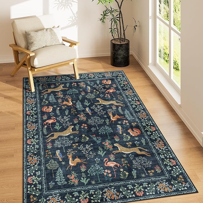 DUKINO 4x6 Rug, Washable Animal Area Rug with Non Slip Vintage Design, Indoor Soft Low Pile Carpet for Bedroom, Nursery, Dining Room, Farmhouse, Playroom, Navy Blue