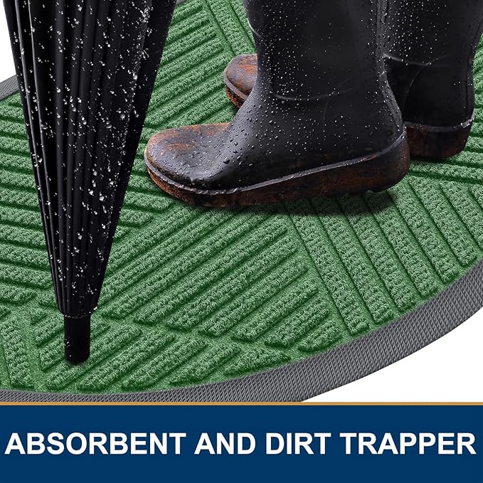 Smiry Half Circle Front Door Mat Outside Entrance, Heavy Duty Sturdy Natural Rubber Doormat, Trap Dirt and Moisture, Low Profile Mats for Indoor Outdoor Entry, Irregular Triangle (29.5x17, Green)