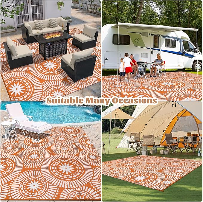 Ileading Large Plastic Outdoor Rug 8x10ft Modern Geometric Style Reversible Patio Area Rugs Waterproof Non Shedding Portable Carpets for Rv Outside Deck Pool Beach Picnic Camping (Orange)