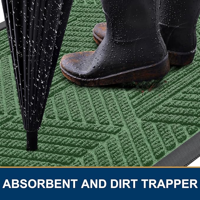 Smiry Front Door Mat Outside Entrance, Heavy Duty Sturdy Natural Rubber Doormat, Trap Dirt and Moisture, Easy Clean Low Profile Mats for Indoor Outdoor Entry, Irregular Triangle (29.5x17, Green)