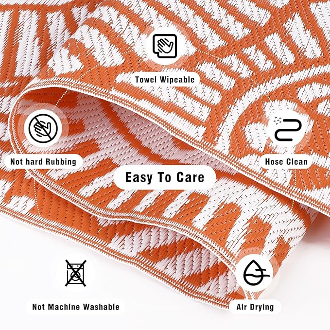 Ileading Outdoor Plastic Straw Rug 6x9ft Modern Geometric Style Reversible Patio Area Rugs Waterproof Non Shedding Portable Carpets for Rv Outside Deck Pool Beach Picnic Camping (Orange)