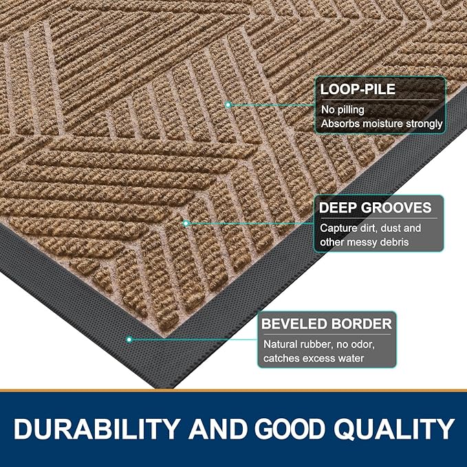 Smiry Front Door Mat Outside Entrance, Heavy Duty Sturdy Natural Rubber Doormat, Trap Dirt and Moisture, Easy Clean Low Profile Mats for Indoor Outdoor Entry, Irregular Triangle (29.5x17, Light Brown)