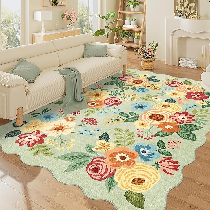 DUKINO 5x7 Area Rug, Floral Washable Rugs for Living Room with Non Slip Backing & Non-Shedding, Lightwight Low Pile Boho Design Large Carpets for Bedroom, Living Room, Dining Room, Green