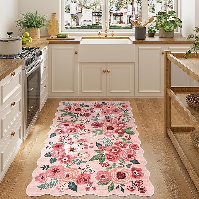 DUKINO 3x5 Area Rug, Floral Non-Slip Indoor Washable Rug with Low Pile & Non-Shedding, Lightwight Boho Design Carpet for Entryway, Bedroom, Kids Room, Living Room, Kitchen, Pink