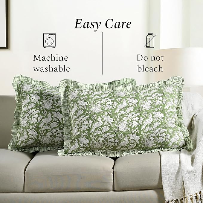 CPC Olive Green 100% Cotton Block Print Ruffle Sham Cover 20X30 inch Pack of 2, Handmade Boho Floral Pillowcase, Soft Decorative Queen Bed Pillow Cover for Bedroom Décor