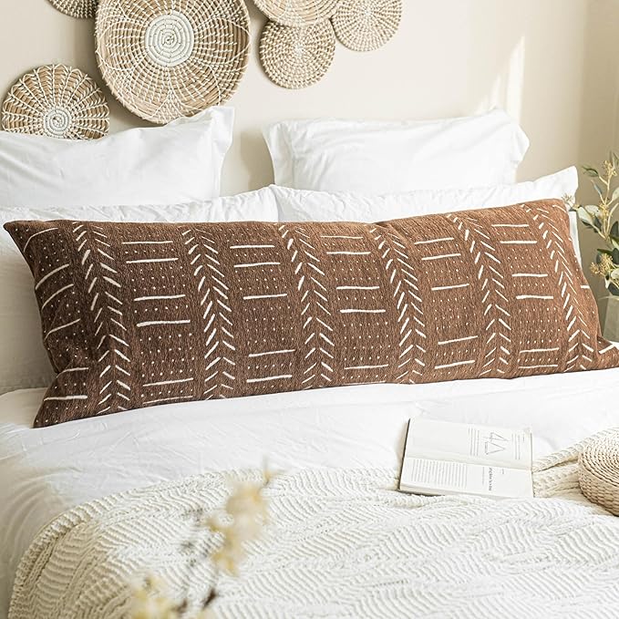 BlissBlush Fall Brown Soft Chenille Boho Body Pillow Cover 20x54, Decorative Oversized Long Lumbar Pillow, Boho Textured Oversize Body Pillow, Cover ONLY