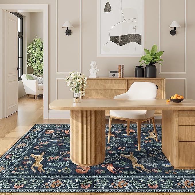 DUKINO 4x6 Rug, Washable Animal Area Rug with Non Slip Vintage Design, Indoor Soft Low Pile Carpet for Bedroom, Nursery, Dining Room, Farmhouse, Playroom, Navy Blue