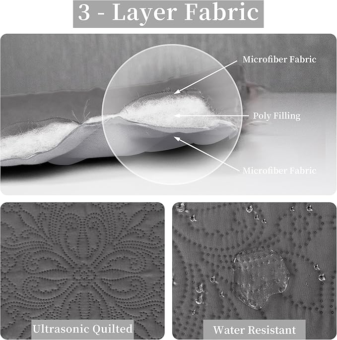 Easy-Going Full/Queen Size Reversible Quilt Set with 1 Quilt and 2 Pillow Shams, Soft Bed Quilt Cover, Water Resistant Lightweight Microfiber Bedspread, Stain Resistant, Damask-Gray/Light Gray