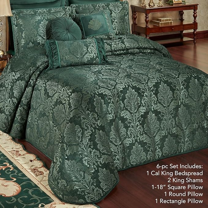 Touch of Class Camelot Luxury Bedding | Emerald Green | Matte Satin Damask on Textured Jacquard-Woven Chenille 6 Piece Set Includes Cal King Quilted Bedspread, 2 King Shams & 3 Decorative Pillows