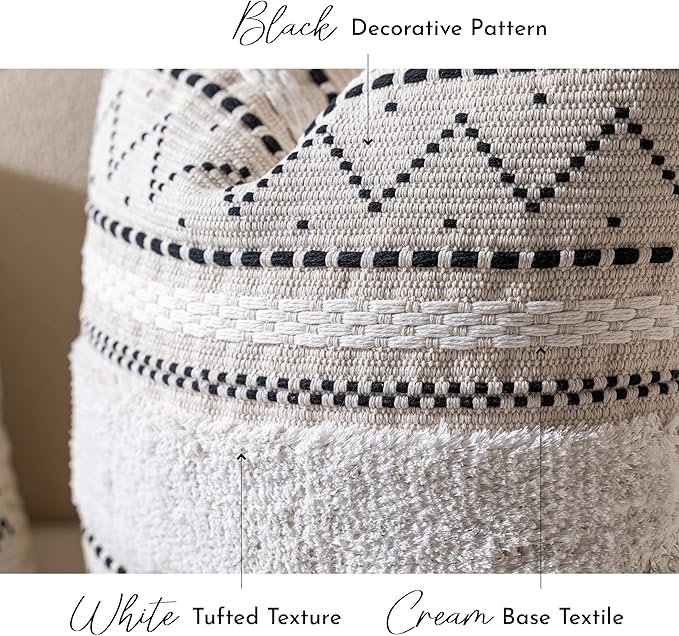 BlissBlush Decorative Throw Pillow Cover 20x20 Combo Set of 2 Square Boho Black Neutral Accent Pillowcase Tassels Farmhouse Cushion for Couch Sofa Bedroom Living Room Home Décor Cover ONLY
