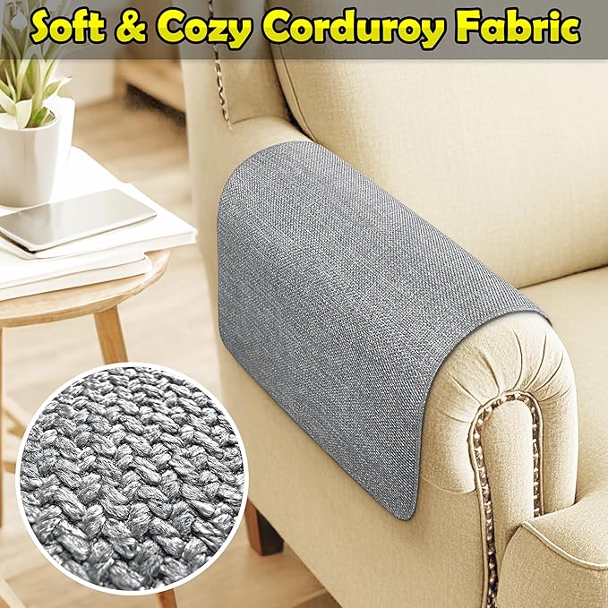 Couch Arm Covers, Waterproof Armrest Cover for Sofa, Armchair, Loveseat, Non-Slip Recliner Arm Cover, Sofa Arm Covers, Headrest Covers, Arm Chair Covers Set of 2 (Gray, 28"×24")