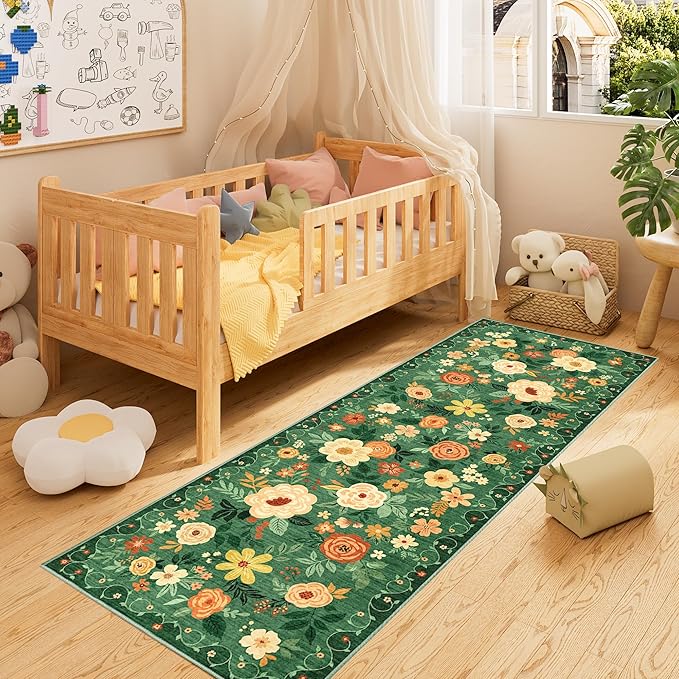 DUKINO Runner Rug, 2x10 Kitchen Hallway Carpet, Washable with Non-Slip Backing, Low Pile Soft Boho Floral for Entryway, Laundry, Bedroom, Dark Green