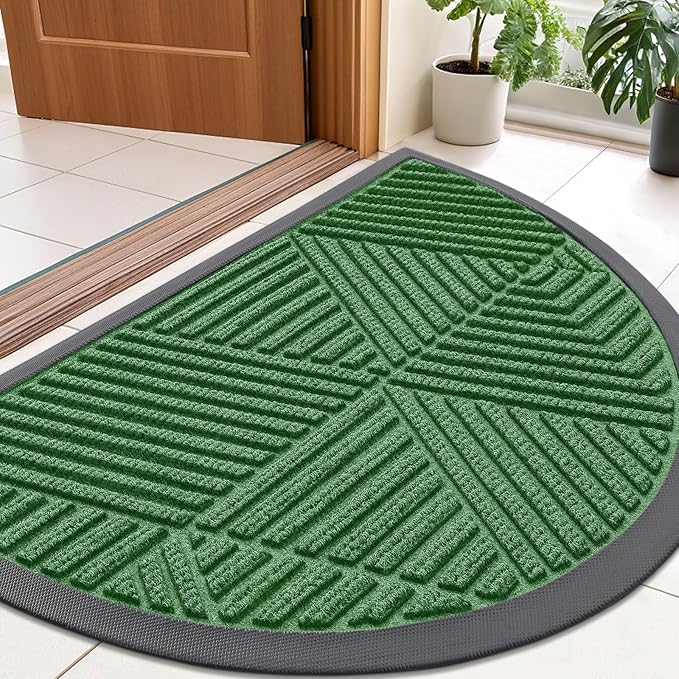 Smiry Half Circle Front Door Mat Outside Entrance, Heavy Duty Sturdy Natural Rubber Doormat, Trap Dirt and Moisture, Low Profile Mats for Indoor Outdoor Entry, Irregular Triangle (36x24, Green)