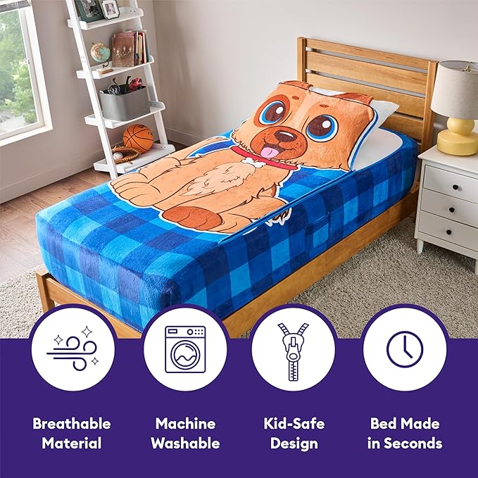 Bleacher Creatures ZippySack Twin Bed Zip-Up Bedding – Super Soft Fleece Fitted Blanket with Side Pocket & Durable Zipper – Easy Bed-Making for Kids (Dog)