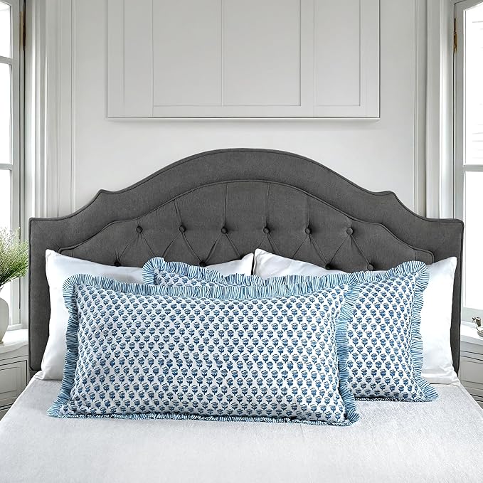 CPC Apatite Blue 100% Cotton Block Print Ruffle Sham Cover 20X36 inch Pack of 2, Handmade Boho Floral Pillowcase, Soft Decorative King Bed Pillow Cover for Bedroom Décor