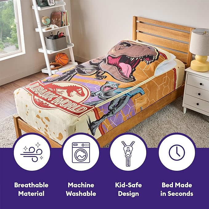ZippySack Twin Bed Zip-Up Bedding – Super Soft Fleece Fitted Blanket with Side Pocket & Durable Zipper – Easy Bed-Making for Kids (Jurassic)