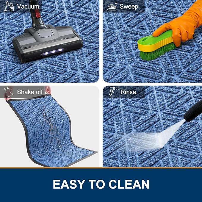 Smiry Front Door Mat Outside Entrance, Heavy Duty Sturdy Natural Rubber Doormat, Trap Dirt and Moisture, Easy Clean Low Profile Mats for Indoor Outdoor Entry, Grid Geometric (36x24, Blue)