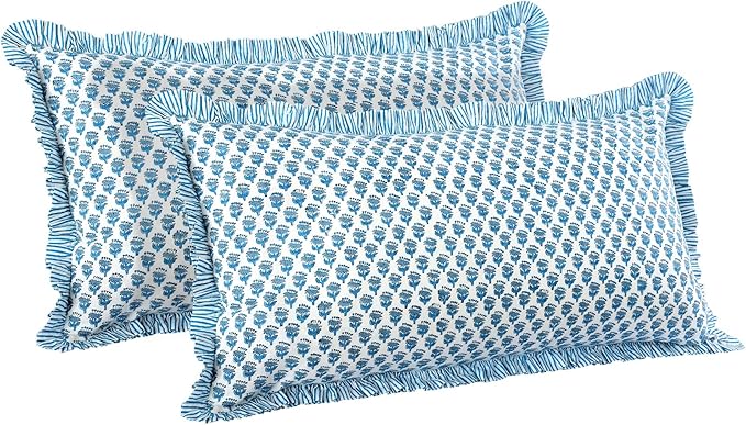 CPC Apatite Blue 100% Cotton Block Print Ruffle Sham Cover 20X36 inch Pack of 2, Handmade Boho Floral Pillowcase, Soft Decorative King Bed Pillow Cover for Bedroom Décor