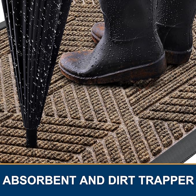 Smiry Front Door Mat Outside Entrance, Heavy Duty Sturdy Natural Rubber Doormat, Trap Dirt and Moisture, Easy Clean Low Profile Mats for Indoor Outdoor Entry, Irregular Triangle (36x24, Brown)