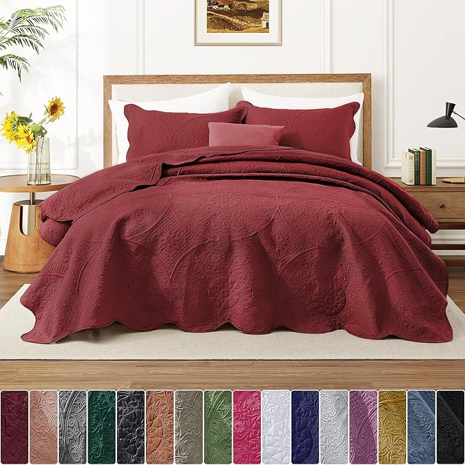 IR Imperial Rooms Twin Quilt Bedding Set Size (68” x 86”) + 1 Pillow Shams (20” x 26” + 2”) - 2 Pcs All Season Lightweight Reversible Microfiber Coverlet Floral Embossed Quilt Bedspread (Burgundy)