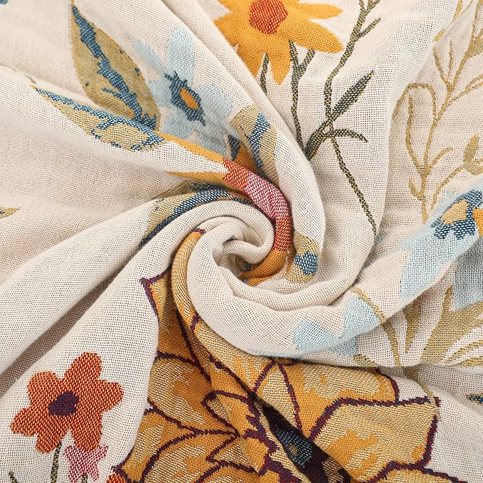 MSGKV Boho Throw Blanket for Couch Chair 100% Cotton Floral Blanket 50"x60" Sofa Blankets Lightweight Farmhouse Muslin Breathable Bed Blankets Home Decor All Seasons