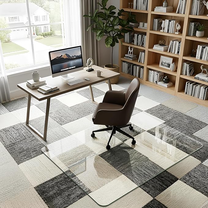 36"x48" Tempered Glass Office Chair Mat for Carpet & Hardwood Floor, 1/6" Thick Clear Floor Protector Desk Chair Mat with Rounded and Polished Edges