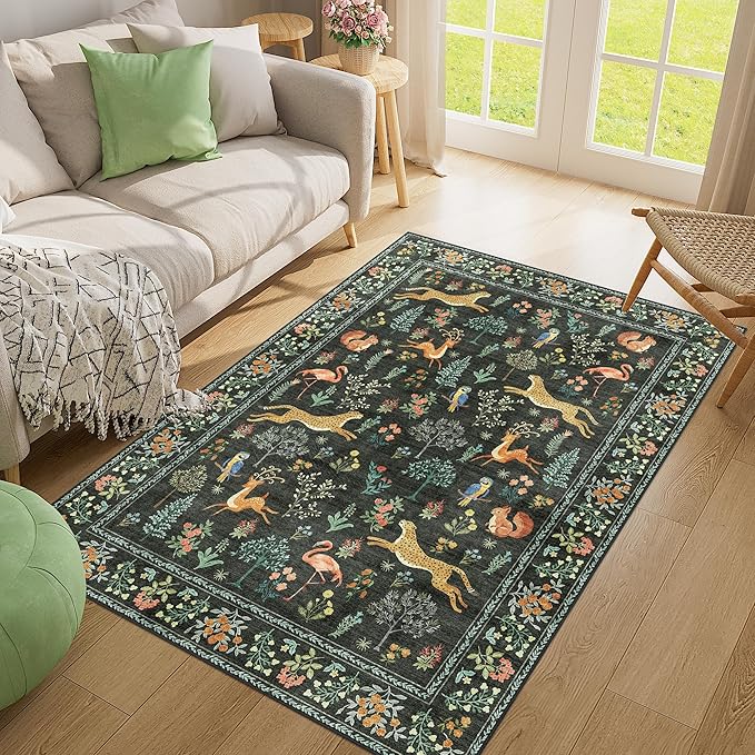 DUKINO 4x6 Rug, Washable Animal Area Rug with Non Slip Vintage Design, Indoor Soft Low Pile Carpet for Bedroom, Nursery, Dining Room, Farmhouse, Playroom, Black