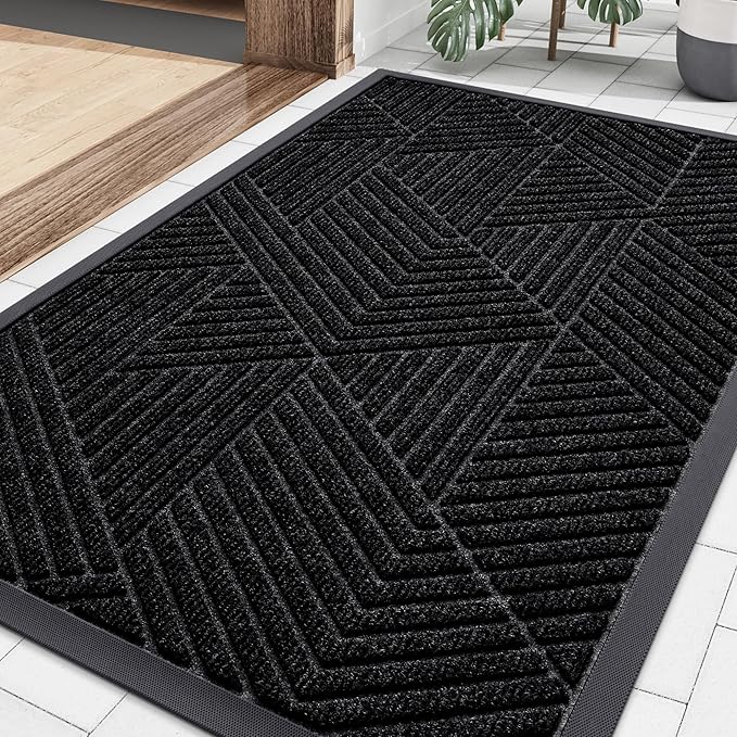 Smiry Front Door Mat Outside Entrance, Heavy Duty Sturdy Natural Rubber Doormat, Trap Dirt and Moisture, Easy Clean Low Profile Mats for Indoor Outdoor Entry, Irregular Triangle (33x21, Black)