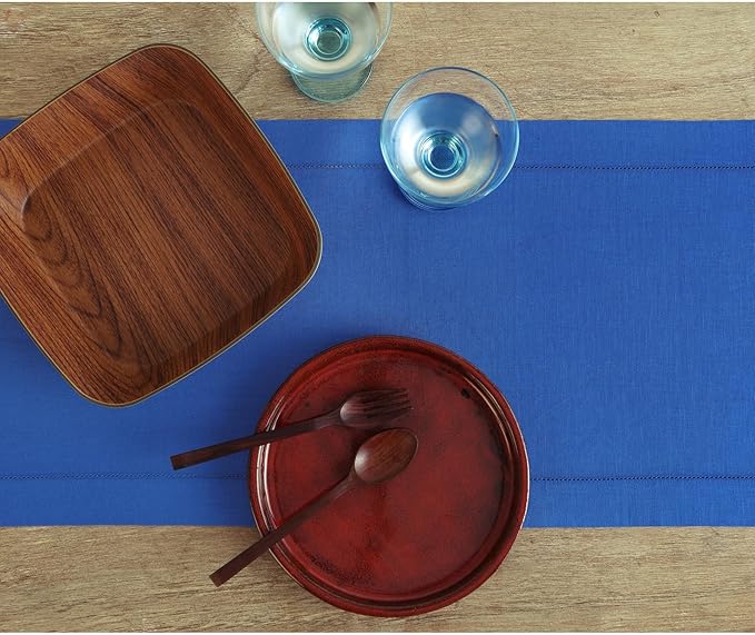 Solino Home Linen Royal Blue Table Runner 156 Inches Long - 100% Pure Linen Extra Long Table Runner 14 x 156 Inch for Christmas, New Year - Classic Hemstitch