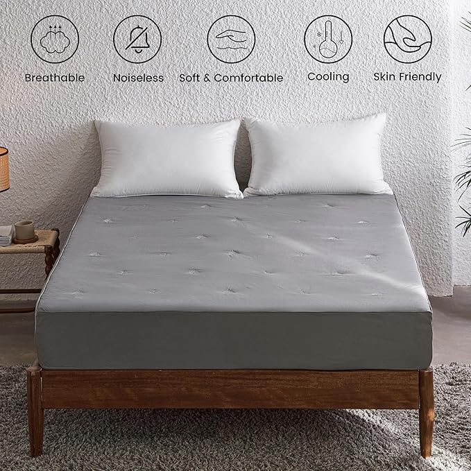 Simple&Opulence Cooling Quilted Mattress Pad – Fitted Sheet Mattress Protector Cover with Elastic Corners, Soft & Breathable, 16 Inch Deep Pocket (Dark Grey,Queen)