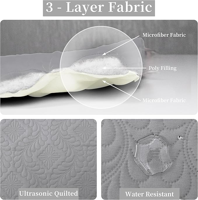 Easy-Going King Size Reversible Quilt Set with 1 Quilt and 2 Pillow Shams, Soft Bed Quilt Cover, Water Resistant Lightweight Microfiber Bedspread, Stain Resistant, Olive Leaf-Light Gray/Ivory