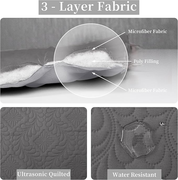 Easy-Going Full/Queen Size Reversible Quilt Set with 1 Quilt and 2 Pillow Shams, Soft Bed Quilt Cover, Water Resistant Lightweight Microfiber Bedspread, Stain Resistant, Olive Leaf-Gray/Light Gray