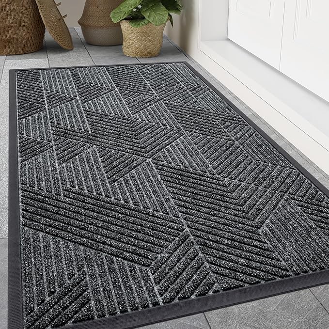 Smiry Front Door Mat Outside Entrance, Heavy Duty Sturdy Natural Rubber Doormat, Trap Dirt and Moisture, Easy Clean Low Profile Mats for Indoor Outdoor Entry, Irregular Triangle (47x17, Grey)