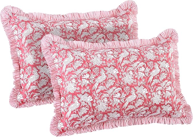 CPC Ruby Red 100% Cotton Block Print Ruffle Sham Cover 20X36 inch Pack of 2, Handmade Boho Floral Pillowcase, Soft Decorative King Bed Pillow Cover for Bedroom Décor