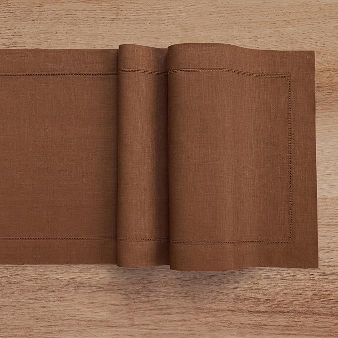 Solino Home Linen Brown Table Runner 108 Inches Long - 100% Pure Linen 14 x 108 Inch Table Runner - Classic Hemstitch