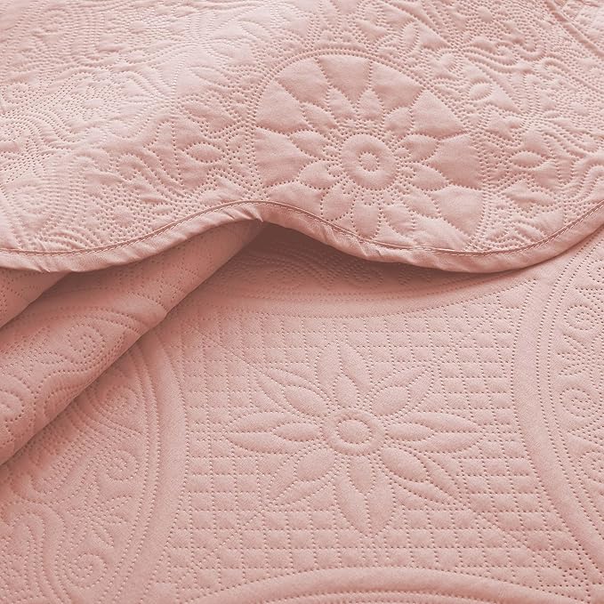 IR Imperial Rooms Twin Quilt Bedding Set Size (68" x 86") + 1 Pillow Shams (20" x 26"+ 2") - 2 Pcs All Season Lightweight Reversible Microfiber Coverlet Floral Embossed Quilt Bedspread (Baby Pink)
