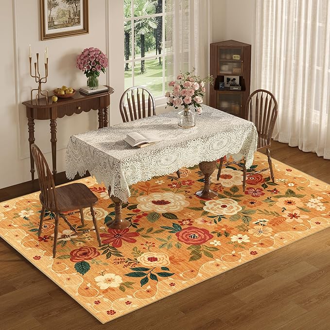 DUKINO 6x9 Area Rug, Floral Rugs for Living Room, Lightweight Non Slip Washable Rug, Indoor Low Pile & Non-Shedding Boho Design Rugs for Bedroom, Living Room, Dining Room, Orange