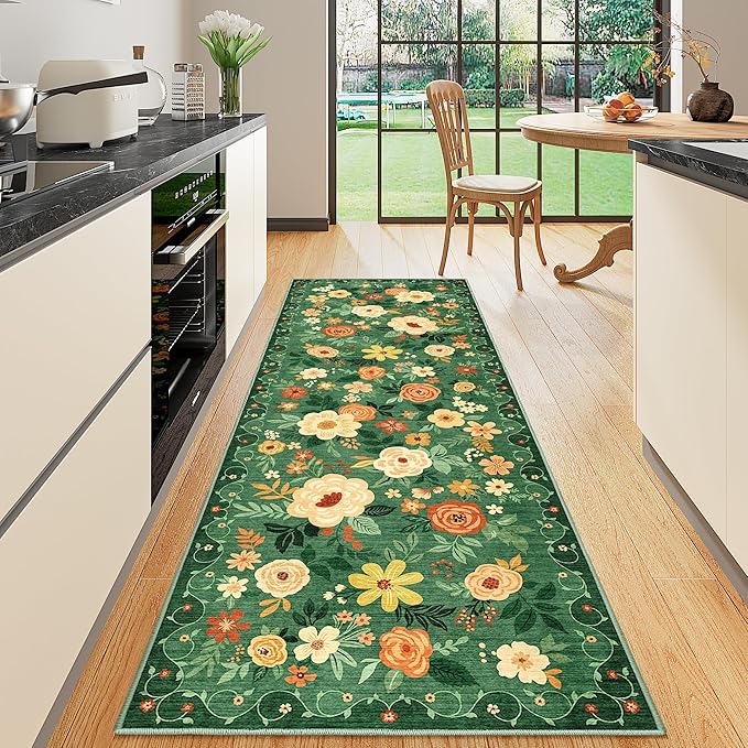 DUKINO Runner Rug, 2x10 Kitchen Hallway Carpet, Washable with Non-Slip Backing, Low Pile Soft Boho Floral for Entryway, Laundry, Bedroom, Dark Green