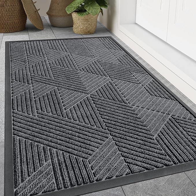 Smiry Front Door Mat Outside Entrance, Heavy Duty Sturdy Natural Rubber Doormat, Trap Dirt and Moisture, Easy Clean Low Profile Mats for Indoor Outdoor Entry, Irregular Triangle (47x32, Silver Grey)