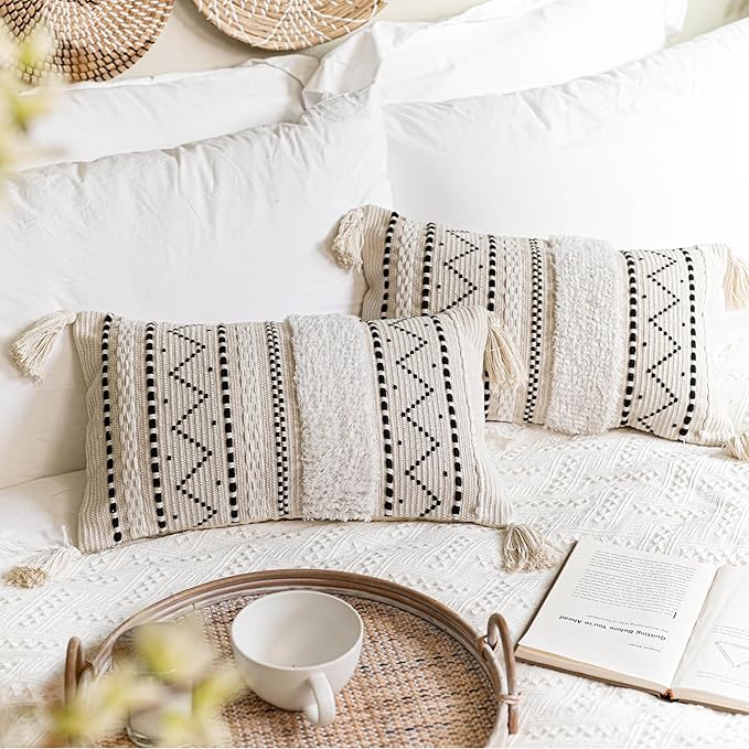 BlissBlush Decorative Lumbar Throw Pillow Cover 12x20 Combo Set of 2 Rectangular Boho Accent Pillowcase Black Neutral Farmhouse Cushion for Couch Sofa Bedroom Living Home Décor Cover ONLY