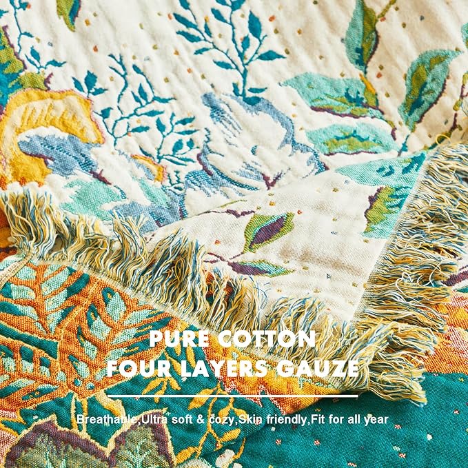 MSGKV Boho Throw Blanket for Bed Couch Twin Size Cotton Vine Blanket 60"x80" Couch Muslin Breathable Lightweight Farmhouse Blankets for All Seasons Home Decor