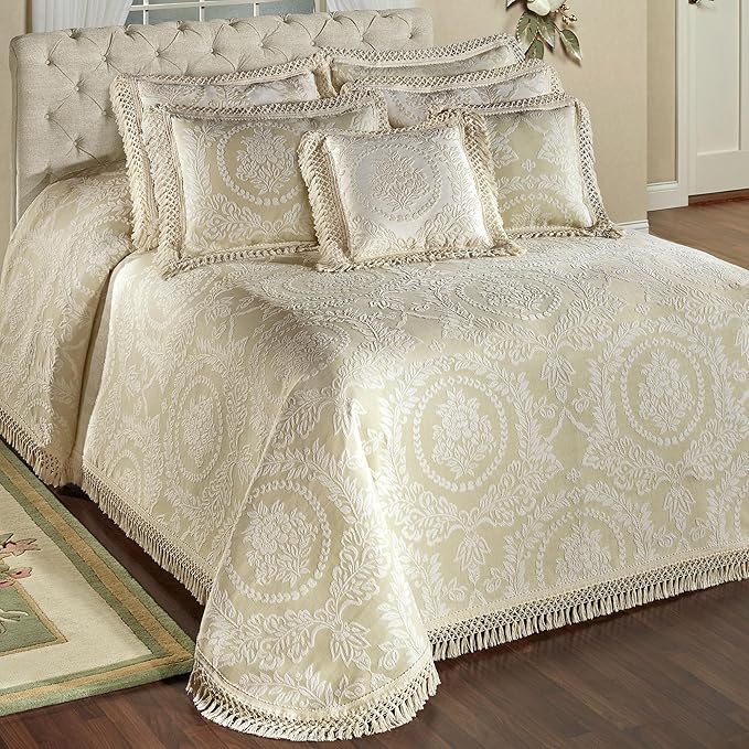 Timeless Vintage Style Bedding | Neutral Sage and Ecru | Textured Matelasse Rose Medallions and Leaves | 6 Piece Lightweight Bed Set: Oversized Full Bedspread, 4 Standard Shams, & Square Accent Pillow