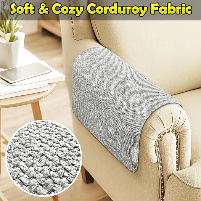 Couch Arm Covers, Waterproof Armrest Cover for Sofa, Armchair, Loveseat, Non-Slip Recliner Arm Cover, Sofa Arm Covers, Headrest Covers, Arm Chair Covers Set of 2 (Light Gray, 24"×20")
