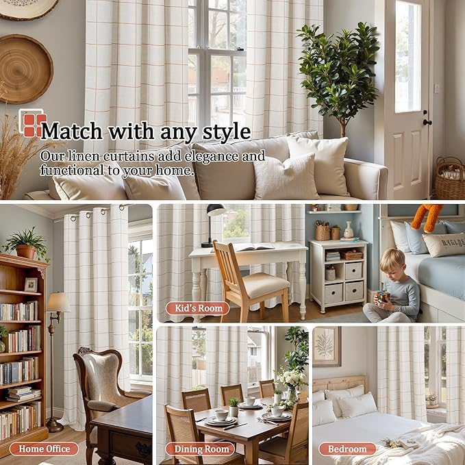 Plaid Patterned Curtains Thermal Insulated - 96 Inches Extra Long Total Linen Blackout Curtains for Living Room, Boho Drapery for Farmhouse Bedroom 52x96 Inch 2 Panels, Terracotta