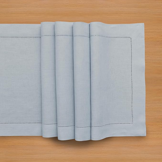 Solino Home Linen Table Runner 120 Inches Long - 100% Pure Linen Dusty Blue Table Runner 14 x 120 Inch - Classic Hemstitch