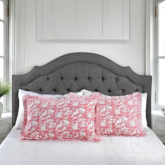 CPC Ruby Red 100% Cotton Block Print Ruffle Sham Cover 20X36 inch Pack of 2, Handmade Boho Floral Pillowcase, Soft Decorative King Bed Pillow Cover for Bedroom Décor