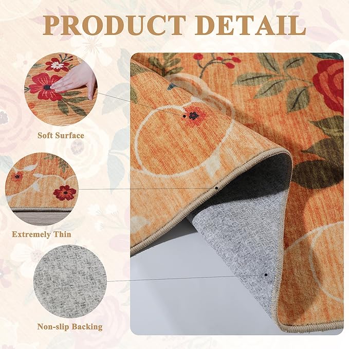DUKINO 6x9 Area Rug, Floral Rugs for Living Room, Lightweight Non Slip Washable Rug, Indoor Low Pile & Non-Shedding Boho Design Rugs for Bedroom, Living Room, Dining Room, Orange