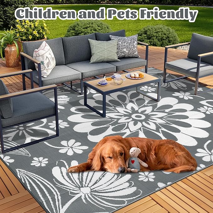 Ileading Outdoor Plastic Straw Rug 8x10ft Funny Floral Style Reversible Patio Area Rugs Waterproof Non Shedding Portable Carpets for Rv Outside Deck Pool Beach Picnic Camping (Grey)